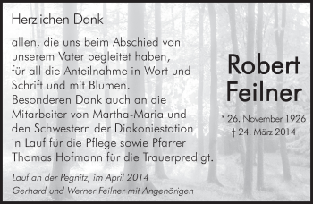 Traueranzeige von Robert Feilner von Pegnitz-Zeitung